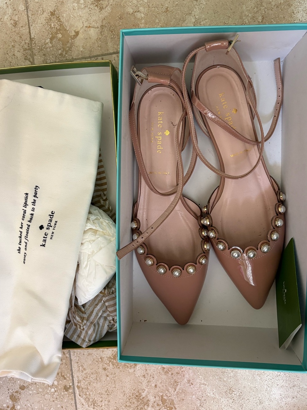 kate spade Blush Patent Pearl-Embellished Pointed Flats-made in Italy